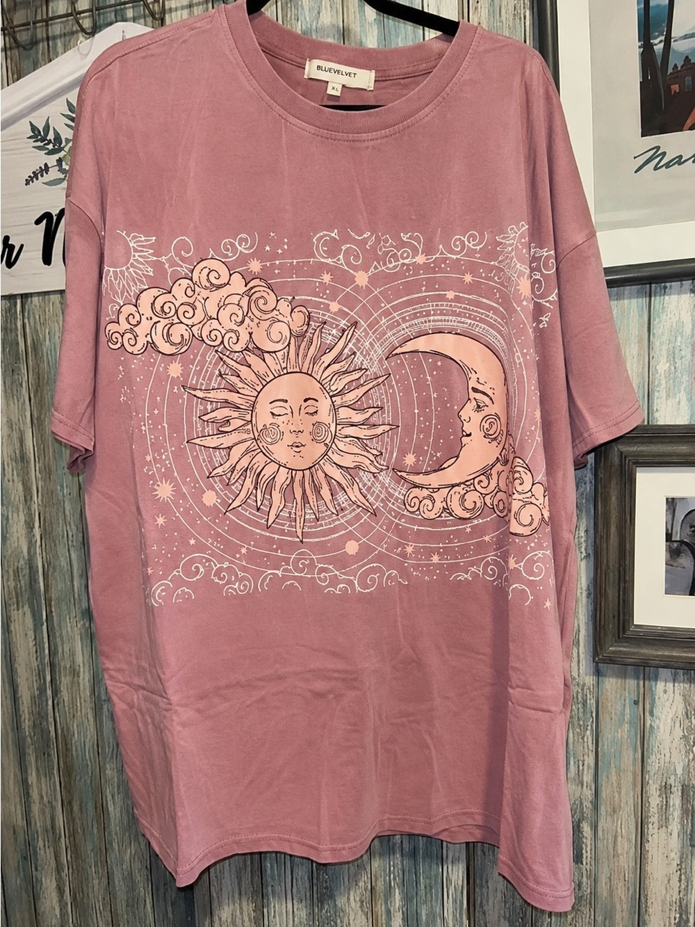 BlueVelvet M/L Celestial Sun & Moon Graphic Tee - Pink-Pink Short Sleeve Top - Picture 2 of 3